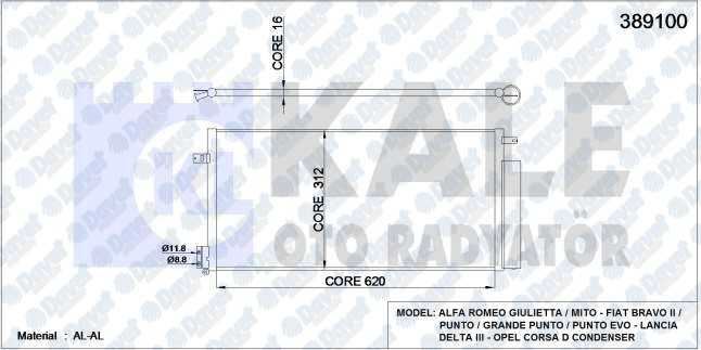 KALE 389100 Klima Radyatoru Grande Punto-Bravo Ii-Corsa D-Linea 1.3mtj-1.7cdti (Al/Al) (645x298x16) (Kurutucu Ile)